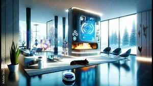 "Futuristic living room video with robots, space visuals, ideal for VTubers, lo-fi music visualizers, and streaming. Captures a tech-savvy, serene ambiance." Streaming animation, music visualizes Stock Video