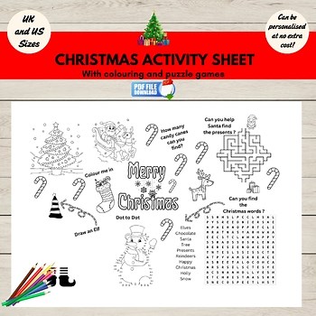 Christmas Activity Sheet, Coloring Page, Xmas Party Placemat, Puzzle Games, PDF,