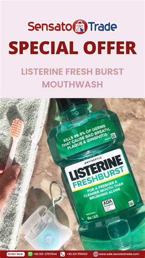 Listerine Fresh Burst Mouthwash – Burst of Freshness for a Cleaner, Healthier Mouth Listerine Fresh Burst Mouthwash gives you an instant burst of freshness while providing complete oral care. Key Benefits: Kills 99.9% of germs causing bad breath and plaque Provides a long-lasting fresh, minty feeling Helps prevent gum problems and maintain oral hygiene Keeps your mouth clean, healthy, and confident Contact for Best Price 92 321 2757544 | 92 331 1110503 Shop Online: https://www.sale.sensatotrade.
