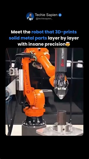 Techie Sapien - AI | Robotics | Next-gen Tech on Instagram: "This Robot Prints Metal Parts for Jet Engines! 🔥 Ever seen a robot 3D print metal instead of welding it? This mind-blowing technology is called robotic metal additive manufacturing — and it builds complex metal parts layer by layer directly from a digital design. ✅ No molds. ✅ No tools. ✅ Just speed, precision, and flexibility. Robotic 3D printing (DED / WAAM) melts metal wire or powder using a laser or plasma arc, then deposits it wi