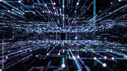 Virtual Data Stream Loop - This is an abstract background of virtual data streams. It depicts glowing lines and points moving towards a vanishing point, creating an endless looping animation effect.