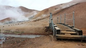 Iceland. Hot springs. Geothermal Area in Iceland, with solfataras, bubbling mud volcanoes, fumaroles, and steaming hot springs, yellow and orange sulphur rocks. Global Warming Climate Change Concept