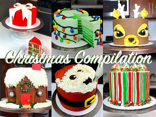 It's that time of year again! I've done a round up of all my Christmas cakes this season, and also included a couple favorites from last year. These cakes range in difficulty from easy to relatively challenging. This compilation includes the following cakes: - Striped Christmas Cake - Santa Claus Cake - Gingerbread House Cake - Ugly Christmas Sweater Cake - Simple Christmas Lights Cake - Holiday Ham Cake - Surprise Christmas Present Cake - Cherry Pie Cake Hopefully they'll get in the holiday spi