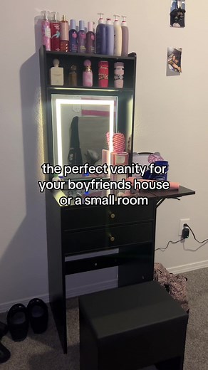 Here's the link! I got mine in black but the have other colors! I was looking for a small vanity for a while before finding this one and nothing had as much as this one does! so if you have a small room or are making yourself an area at your bfs house this would be perfect! #tiktokshop #vanity #smallvanity #makeup #foryoupage