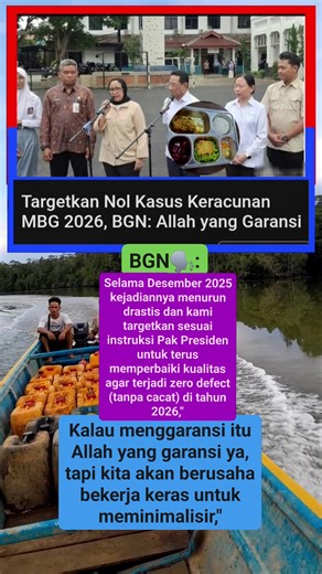 Badan Gizi Nasional (BGN) menargetkan zero defect atau nol kasus keracunan dalam pelaksanaan program Makan Bergizi Gratis (MBG) pada 2026. Wakil Kepala BGN Nanik S. Deyang mengakui tidak bisa memberikan jaminan 100 persen bahwa insiden keracunan tidak akan pernah terjadi. "Kalau menggaransi itu Allah yang garansi ya, tapi kita akan berusaha bekerja keras untuk meminimalisir," ujar Nanik dalam konferensi pers di SMKN 1 Jakarta, Menurut dia, insiden yang sempat ramai pada awal pelaksanaan kini sud