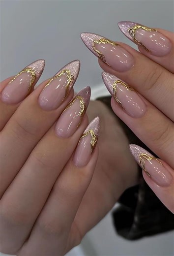 Luxury Gold Chrome Almond Press on Nails | Mauve Glitter French Tip, 3D Outline - Etsy