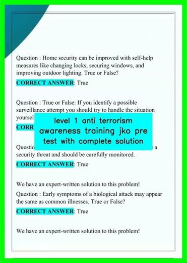level 1 anti terrorism awareness training jko pre test with complete solution video