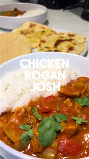 ‘Chicken’ rogan josh homemade gluten free naan (serves 4) Ingredients: - Pack of @THIS Chicken pieces - 2 onions (or one large) - 2 peppers - 3 cloves of garlic - ½ large jar @Pataks Rogan Josh Curry Paste - 1 tin coconut milk - 1 tin chopped tomatoes - Poppadoms - 200g Rice - Coriander Naan bread (makes 4) - in this vid i made 2 as was having 2 servings that day - 240g gf self raising flour - 250g Greek yogurt - Coriander - 2 tbsp melted butter - 2 cloves garlic crushed 1. Heat a large pan over