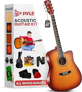 Pyle Steel String Acoustic Guitar Kit, 4/4 Full Size Cutaway All-Wood Guitarra Acustica with Premium Accessory Set and Upgraded Gig Bag, 41" Cherry Burst Glossy