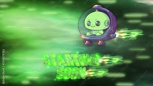 Animated twitch starting soon screen with cute kawaii green alien in spaceship, green cosmic background, and glowing text effect for streamers