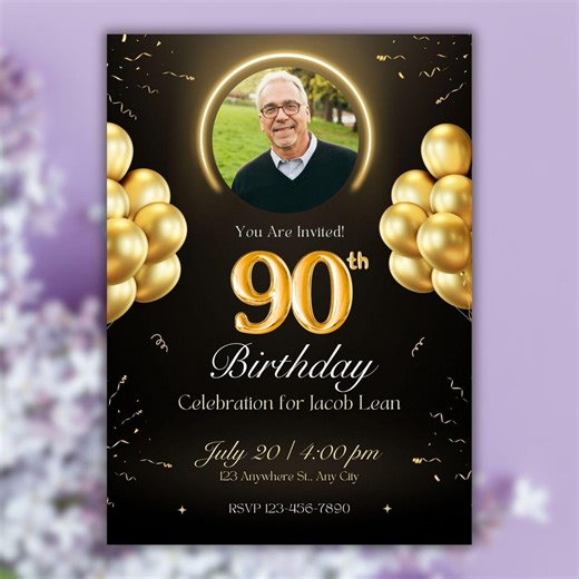 90th Birthday Invitations 5x7, Elegant Black Gold Birthday Invitation Template for Her or Him, Digital Download Editable Canva - Etsy