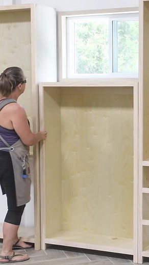 Building the bookcases for my office built-ins was the fastest part of the process! No need to buy pre-built, you can easily build your own and customize their size to your space with a few basic tools. And I used pre-finished plywood so the inside was already sealed once built 🎉. It was my favorite time saver on this project. Find the build plans on https://housefulofhandmade.com/diy-built-in-storage-cabinets/. #diybuiltins #diybookcase