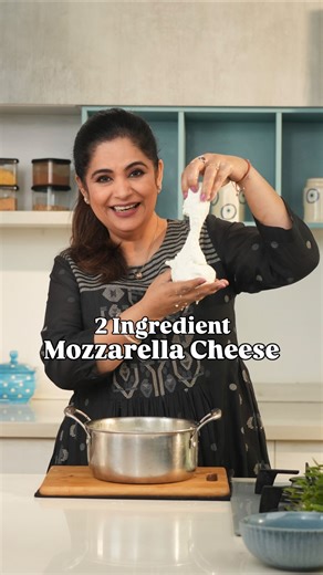 2 Ingredient Mozzarella Cheese Did you know that all you need are 2 Ingredients to make fresh, gooey, stretchy mozzarella cheese at home- Fresh Buffalo Milk & Vinegar! The trick is to curdle milk at the right temperature- 46C, rest it for 10 minutes and then squeeze it out. Right now it is grainy in texture, so cook it in a non stick pan at medium heat for 5-6 minutes till it becomes smooth & stretchy. Shape it into a ball and immerse in ice cold water for 15 minutes. now enjoy! #mozzarella #che