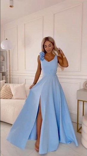 Baby Blue Maxi Dress with Floral Shoulder Detail - Elegant Occasion Look by Numoco | 643-7 | #dress