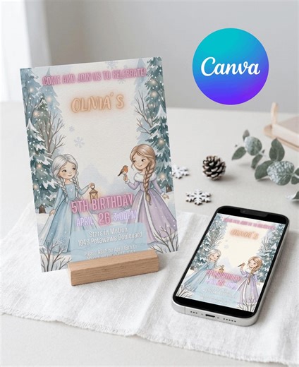 Frozen Birthday Invitation Template, Editable Elsa Anna Party Invite, Kids 4th Birthday Card, Frozen Theme, Printable Custom Invitation - Etsy