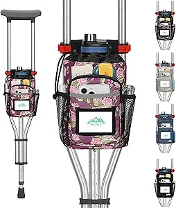 supregear Crutch Accessories Bag, Water-Resistant Premium Storage Pouch with Cup Holder and Multiple Pockets - Large Capacity Organizer Tote Bag Attachment for Underarm Crutches - Men, Women