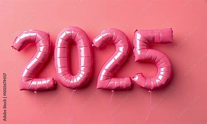 Metallic pink balloons forming the number 2025 floating in front of a matching pink background, symbolizing the upcoming new year or a future event