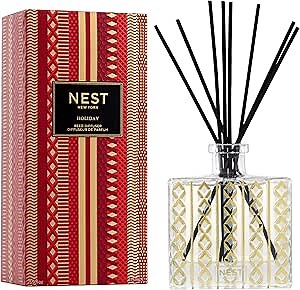 NEST New York Christmas Reed Diffuser, Holiday - The Festive Collection - 5.9 fl oz - Fragrance for Up to 90 Days - Reusable, Refillable Glass Holder - Includes 8 All-Natural Reed Sticks - Flame Free