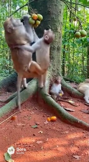 Wild Monkey Fight Under the Tree for Fruit