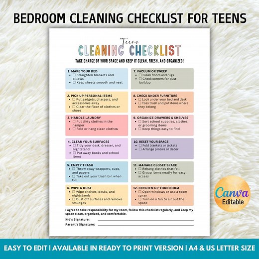 Editable Bedroom Cleaning Checklist for Teens, Room Cleaning Agreement for Teens, Room Cleaning Routine, Teens Responsibility Chart - Etsy