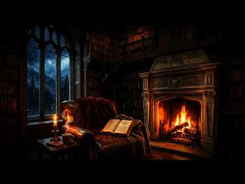 HEAVY RAIN at the Castle Library 🏰 Cozy Fireplace & Thunderstorm (10 Hours) | NO ADS