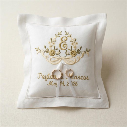 Personalized Embroidered Ring Bearer Pillow, Custom Floral Ring Holder Cushion, Wedding Gift for Couple, Custom Names and Date Pillow - Etsy