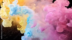 Camera tracks right as a rainbow-hued powder explosion erupts in slow motion, creating a kaleidoscope effect with vibrant and saturated lighting