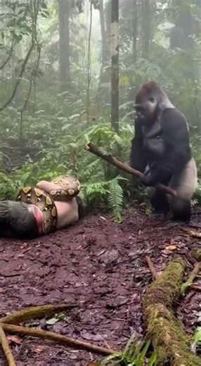 Kindness Beyond Species--A Gorilla Saved a Human🐍🦍#LifeProtection #python #crocodile
