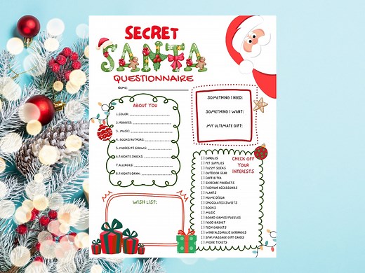 Secret Santa Printable Questionnaire. Secret Santa Instant Download Form. Secret Santa Wish List. Secret Santa Questionnaire Download. - Etsy