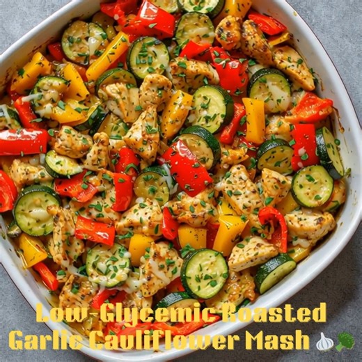 🍽️ Low-Glycemic Sugar-Free Chicken & Veggie Bake 🍗🥦 📝 Ingredients 1 lb (450 g) boneless, skinless chicken breast or thighs, cut into bite-sized pieces 1 medium zucchini, sliced 1 red bell pepper, chopped 1 yellow bell pepper, chopped 1 small onion, sliced 1 tbsp olive oil ½ tsp garlic powder ½ tsp dried Italian herbs (or oregano basil) ¼ cup shredded mozzarella or part-skim cheese Salt and pepper to taste Optional: chopped parsley for garnish 👩‍🍳 Steps to Create Preheat oven to 400°F (200°