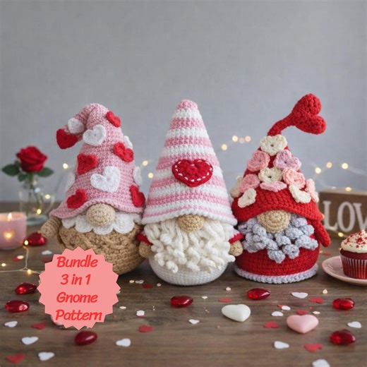 3 in 1 Bundle Crochet Gnome Pattern | Amigurumi Romantic Gnome PDF Tutorial | Valentine Decor DIY Plush | Beginner-friendly Crochet Pattern - Etsy