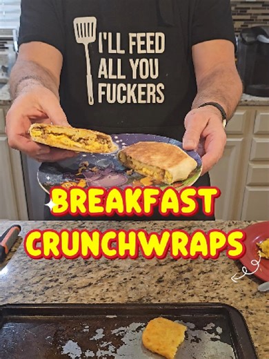 Breakfast Crunchwraps Ingredients · 4 frozen hash brown patties · 1 lb. sausage · 5 large eggs · 1 Tbsp. whole milk · 1 Tbsp. butter · kosher salt · Freshly ground black pepper · 4 large flour tortillas · 4 slices of cheese of your choice. · Avocado oil, for pan Directions 1. Bake frozen hash brown patties according to package instructions. 2. Brown sausage 3. In a large bowl, combine eggs and milk and whisk until frothy. In a medium nonstick pan, melt butter over medium heat. Pour egg mixture i