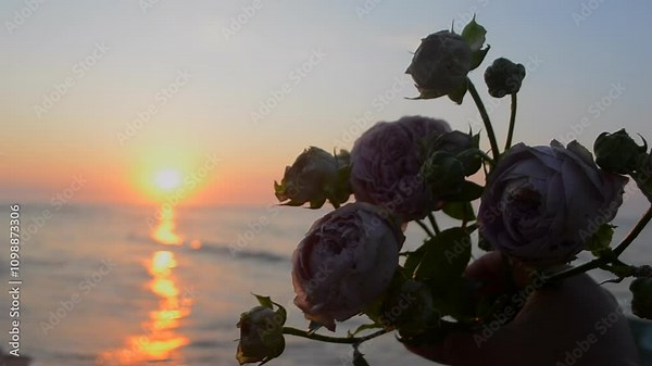 Person holding rose flowers in hand on background on sand of beach of sea shore coast at sunset dawn close-up. Blossoming blooming flowers on sea coast on setting rising sun. Romance mood romantic