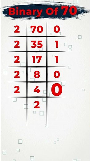 Binary of 70 / Decimal to binary conversion / #publicmaths #mathsshorts #shorts #decimaltobinary
