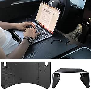 Car Laptop Desk Fit for Tesla Model Y/3, Carbon Fiber Tray, Steering Wheel Table for Eating and Working, Car Tray Table for Driver&Passenger with Dual Folding Strong Hinge