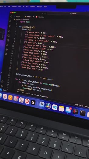 Tech Vibes..... on Instagram: ""Rock Your Body....but in python 🎵 🔥" Teaching my code to sing 😂🎶 Wrote a Python script that prints lyrics in real-time with delays — matching the beat of the song! Coding × Music = 🔥✨ #Python #CodingReels #ProgrammerLife #TechReels #CodingFun #PythonProjects #CodeLife #LearnToCode #ProgrammersOfInstagram #DeveloperReels"