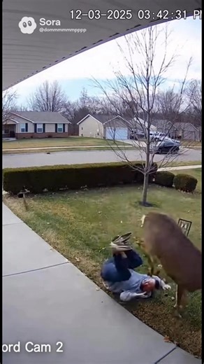 Security Cam: Deer Charges Man Out of Nowhere #SecurityCamera #CaughtOnCamera #AnimalAttack #ViralVideo #MustWatch #WildlifeMoment #AIShorts #FacebookReels | WildWatch Security