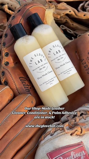 Our Glove Lab Shop-Made Leather Conditioner, Cleaner & Palm Adhesive are in stock! These three products are what you need to keep your baseball or softball glove, or any leather product, in tip-top shape! Order at www.theglovelab.com #leather #leatherwork #baseball #softball #baseballglove