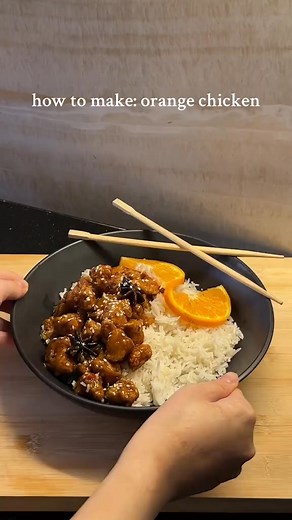 full recipe: orange chicken: 250g chicken half a beaten egg 1 tsp black pepper 1 tsp garlic powder 1 tsp chicken powder 1 tsp soy sauce 2 tbsp flour 2 tbsp corn starch combine all ingredients (adjust consistency if thick) and fry the chicken orange sauce: oil 2-3 tbsp thai red chillies 1 tbsp star anise 1-2 pieces (pls do not skip) garlic, chopped 2-3 cloves saute all together and add like 1/4 cup water to avoid garlic burning orange juice from 2 medium sized oranges soy sauce 1 tbsp brown sugar