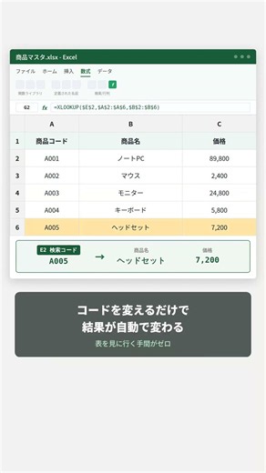 VLOOKUPの列番号、まだ数えてる？XLOOKUPなら一発でラクになるExcel関数 #excel #仕事効率化 #excel時短 #exceltips #excel時短 #業務効率化