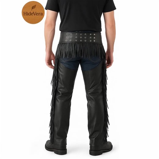 Black Leather Chaps With Fringe | Handmade Men’s Genuine Motorcycle Cowboy Riding Pants - Etsy