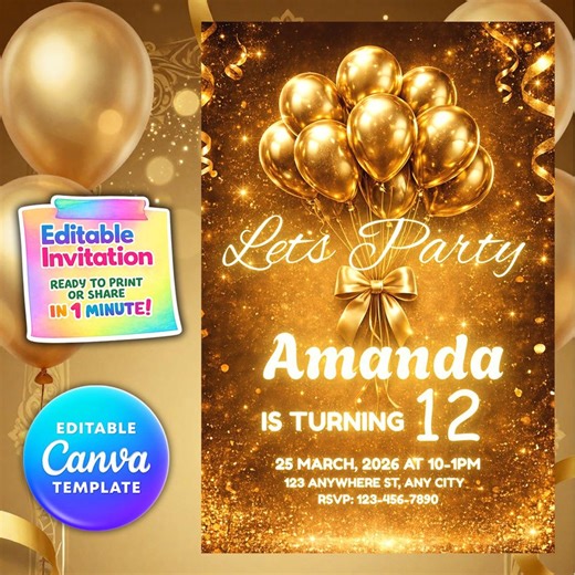 Balloons Birthday Party Invitation Template for 12th Birthday, Kids Golden Invite Editable Digital Download - Etsy