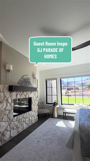 Soft light, stone textures, and mountain views that make the room feel endless. The fireplace adds warmth; the design adds calm — a space made for slow mornings and golden-hour sunsets. Western Colorado design is shifting — elevated, intentional, and inspired by the landscapes that surround us. If you’re ready to find your first home, your forever home, or just explore what’s being built here, let’s talk. #customhome #paradeofhomes #interiordesignideas #guestroom #grandjunction
