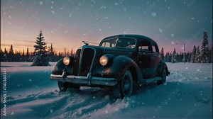 Old Car, Wan, Truck, Snow, Sky, Aurora, Landscape Scenery, Village, Winter, Nature Ambience, Outdoor, Night, Snowfall, Snow Falling, Loop Video 4K Background, AI