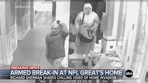 Former Seattle Seahawks star Richard Sherman shared a video of what appears to be armed gunmen breaking into his home with his family inside. Investigators are working to determine if the home was targeted. Aaron Katersky has more. https://abcnews.link/JBuGVYj | ABC World News Tonight with David Muir