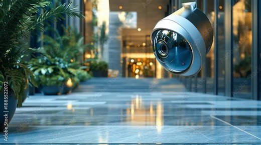 A video surveillance camera installed at the entrance to an office building/residential complex. The concept of security, access control, property protection, and a smart building.