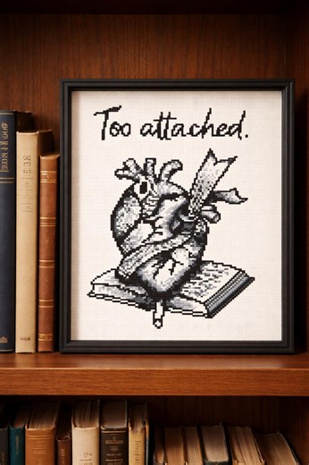 Modèle de point de croix trop attaché PDF | Coeur anatomique et broderie livre | Amoureux des livres noirs au point de croix | Téléchargement instantané - Etsy France