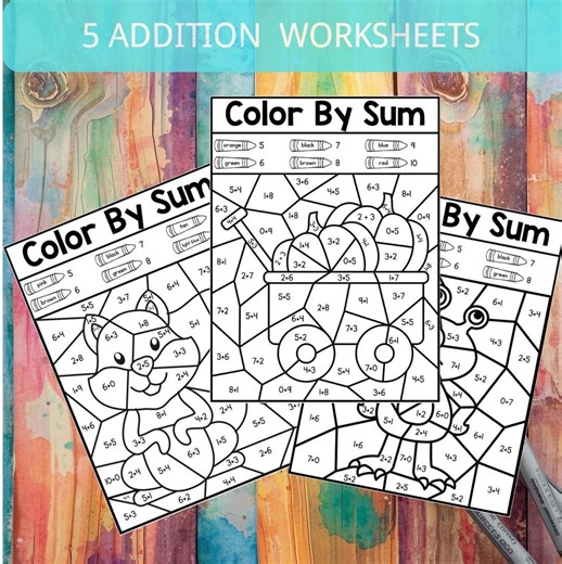 5 Printable Color by Number Addition Within 10 – Fun Math Coloring Worksheets for Kids - Etsy