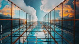 A striking upward view of a glass-clad building reflecting a vivid sky with dramatic clouds, showcasing the harmony between urban architecture and nature Stock Video