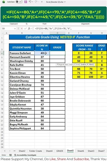 Excel Grade Using Nested IF Function 👉 #excel #shorts #exceltips #exceltricks